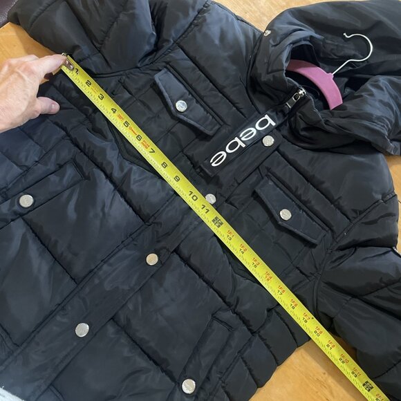 Y2K Bebe size S/P black cropped puffer jacket missing fur Rhinestone logo - Picture 7 of 15